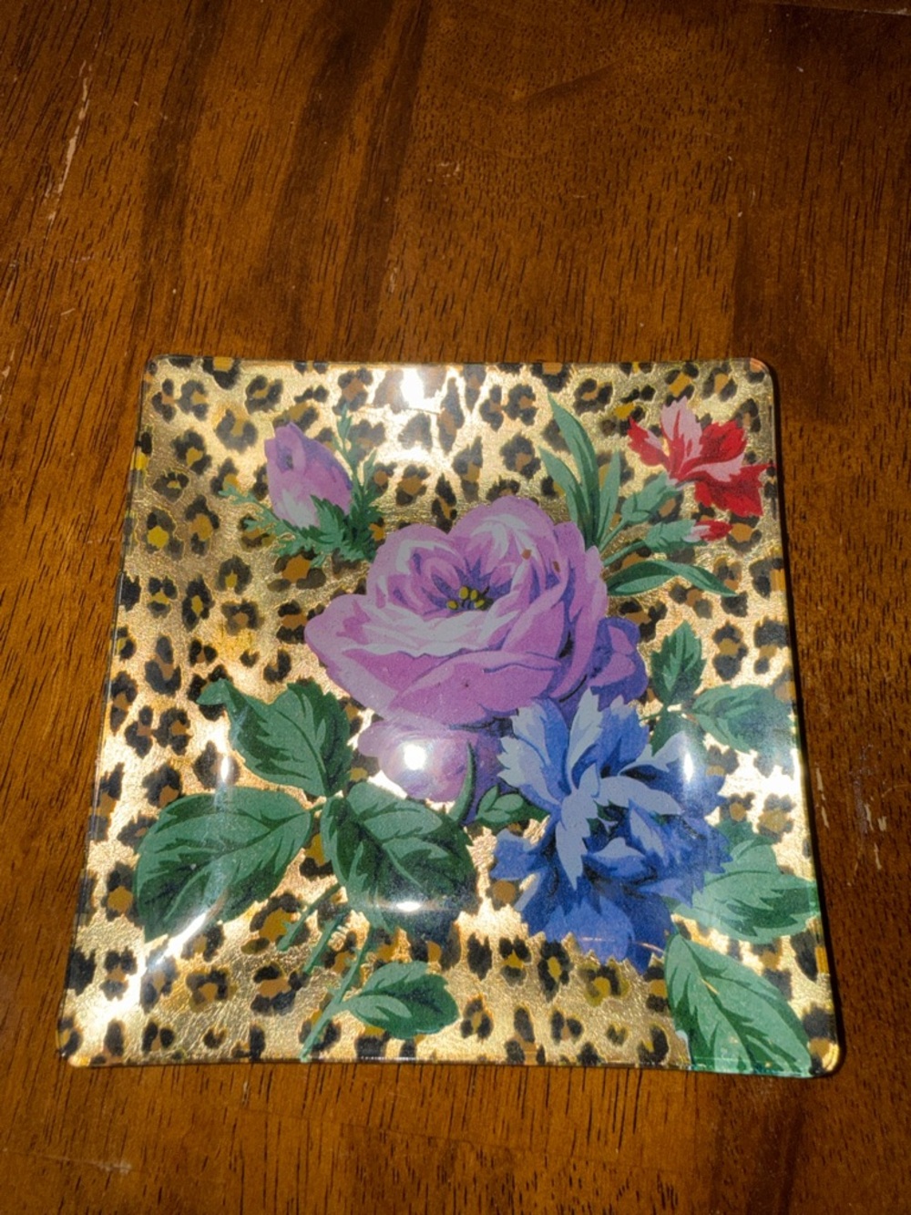 Cheetah Floral Glass Trinket Tray or Soap Dish Vintage